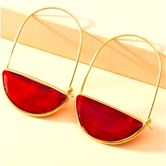 Red & Goldtone Half-Round Hoop Water Drop Retro Festival, Bohemian Earrings - Picture 3 of 4